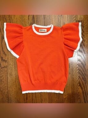 Style USA Orange White Short Sleeve Ruffle Sleeve Sweater Size Small